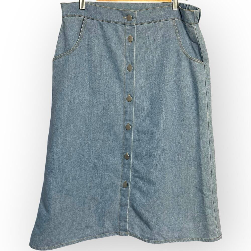 Jennifer Lauren Button Fly Jean Midi Skirt Womens XL Blue Modest Pockets Retro